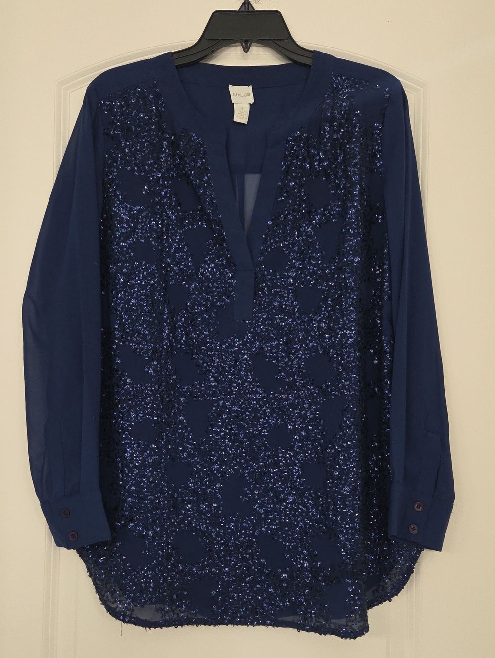 Beautiful Blue Beaded Top By Chicos. V Neck With Sheer Arms & Back, Front Lined.